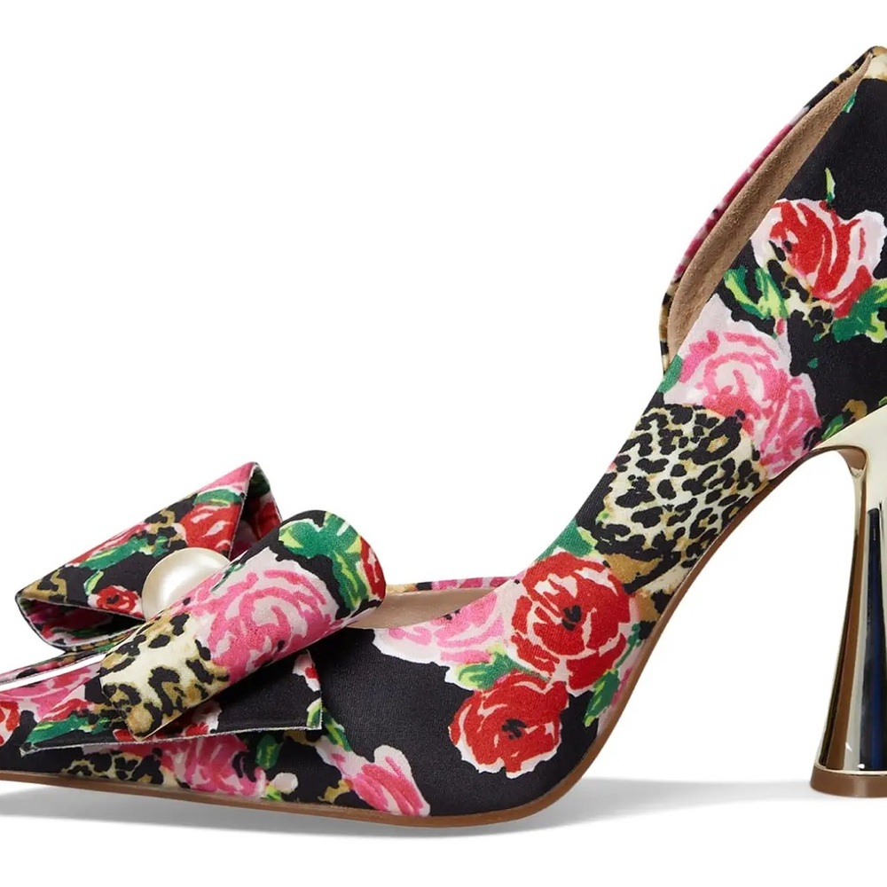 Betsey Johnson Floral Bow Pointed-Toe Heels in Black, Pink, Red, Green, Gold - Picture 13 of 15
